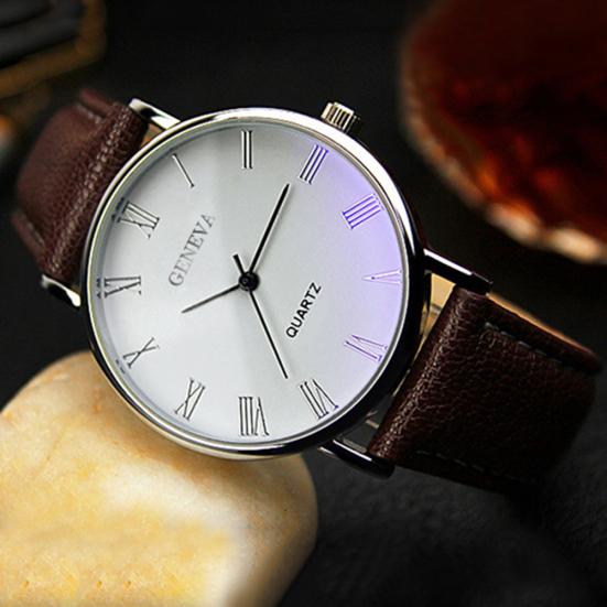 Men Roman Numerals Blu-Ray Faux Leather Band Quartz Analog Business Wrist Watch