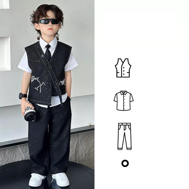 

4 PCS Set Spring Summer Boy Retro Stripes TShirt+Pants +Vest Kid Children Baby Gentleman Handsome Streetwear Party Clothes 80
