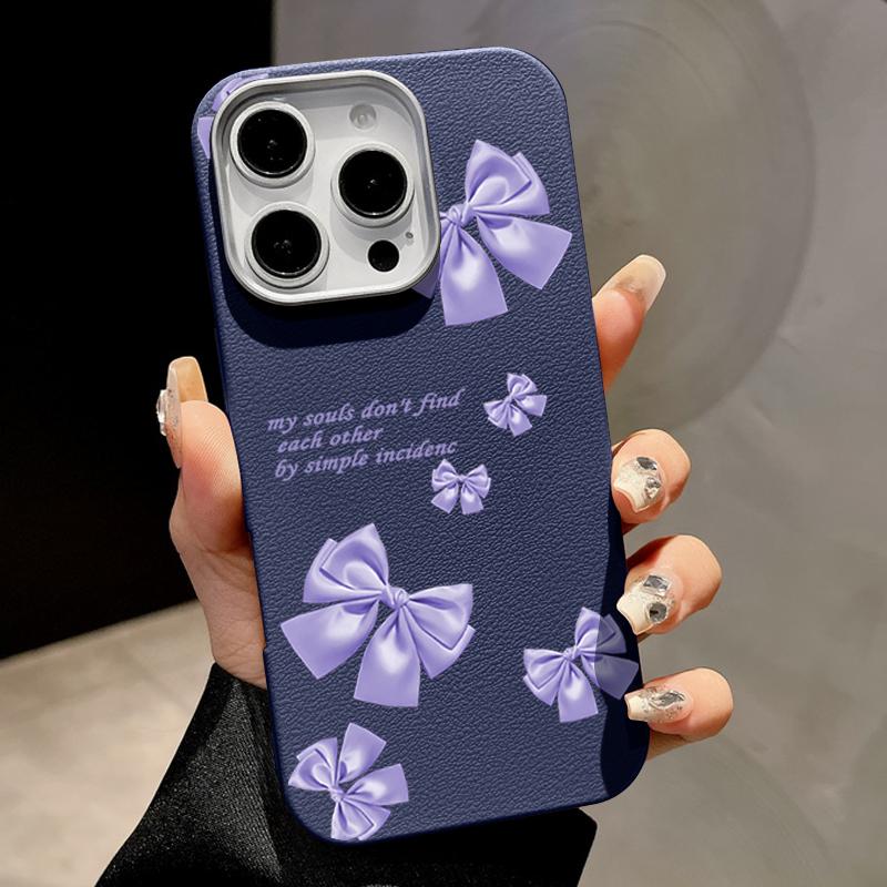 Purple Bowknot Print TPU Leather Texture Slim Magnetic Case For iPhone 16 Pro Max 15 14 Pro 13 12 11 for MagSafe Matte Shockproof Soft Phone Cover