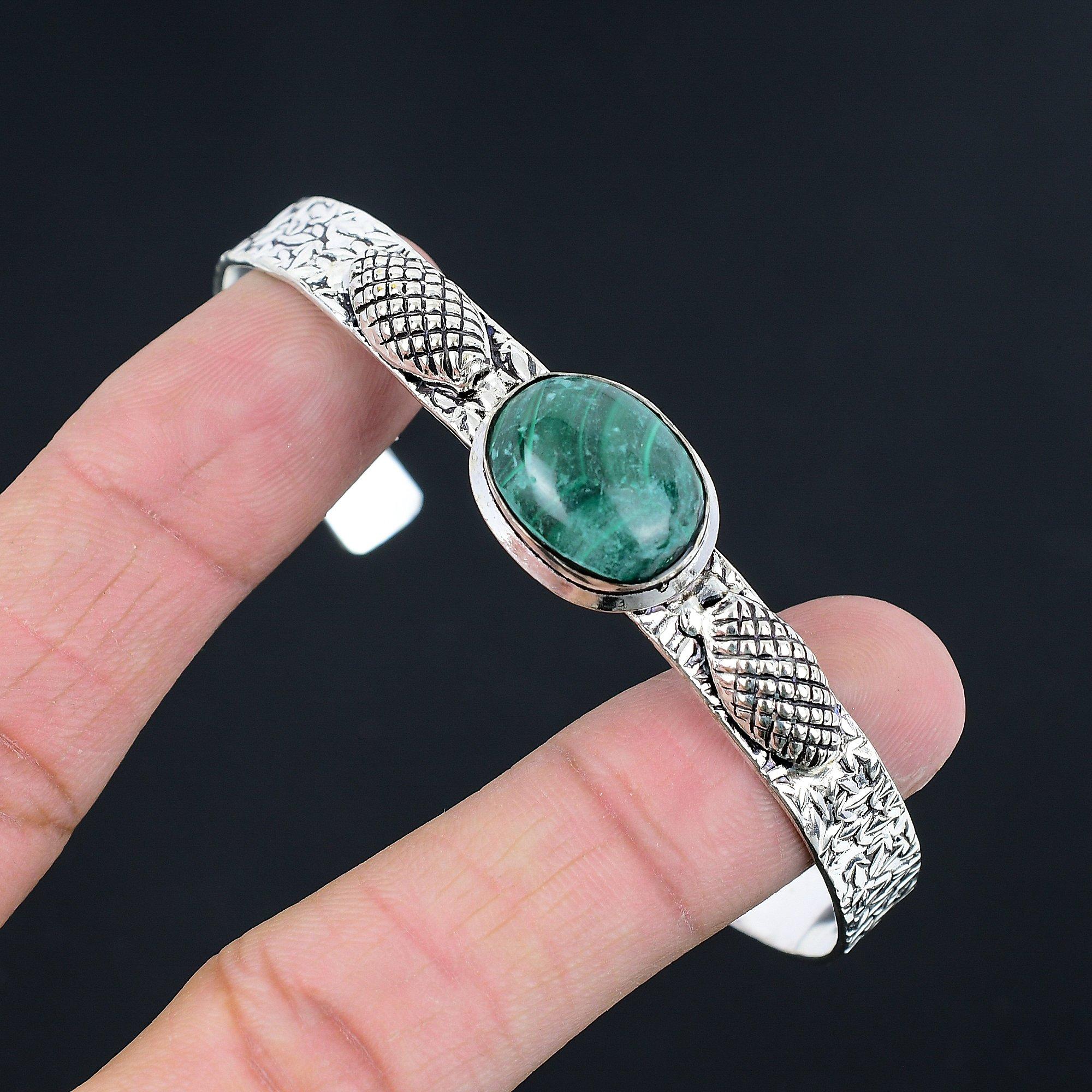 925 Silver Oval Natural Malachite Unique Handcrafted Anniversary Bangle Bracelet Adjustable