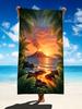 Tropical Sunset Beach Towel, Microfiber Large Sand Free Quick Dry, Palm Tree Ocean Landscape Design, Soft Absorbent