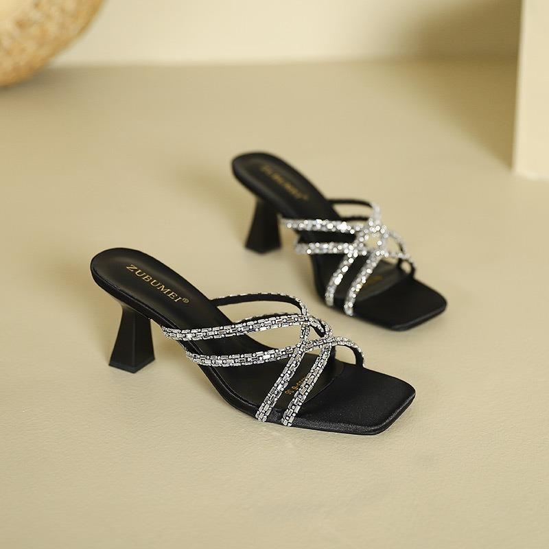 33-Rhinestone high-heeled slippers women's summer new square head wine glass and high heels cross-strap cool slippers