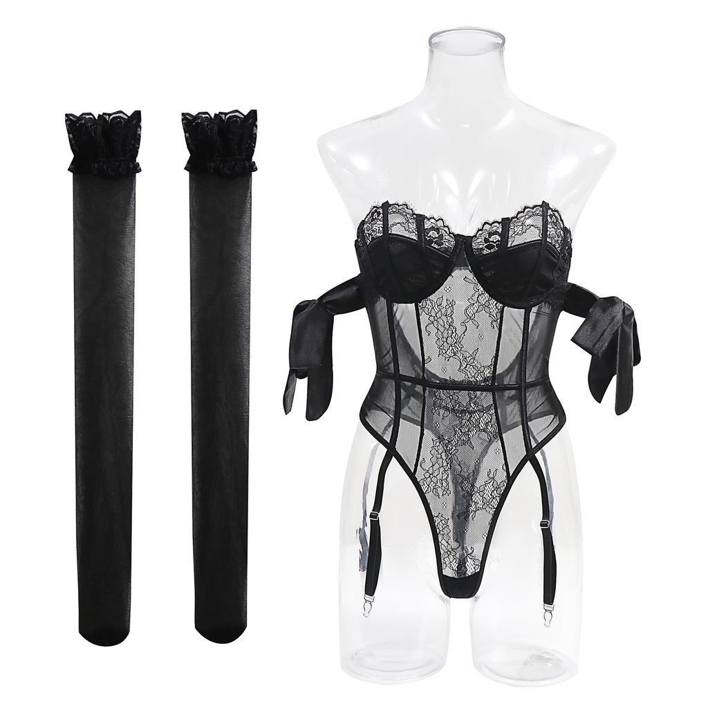 Purple Style Butterfly Bow And Silk Strap Sexy With Stockings Women Rompers Close-fitting Perspective Printing Pure Colour  GMCU