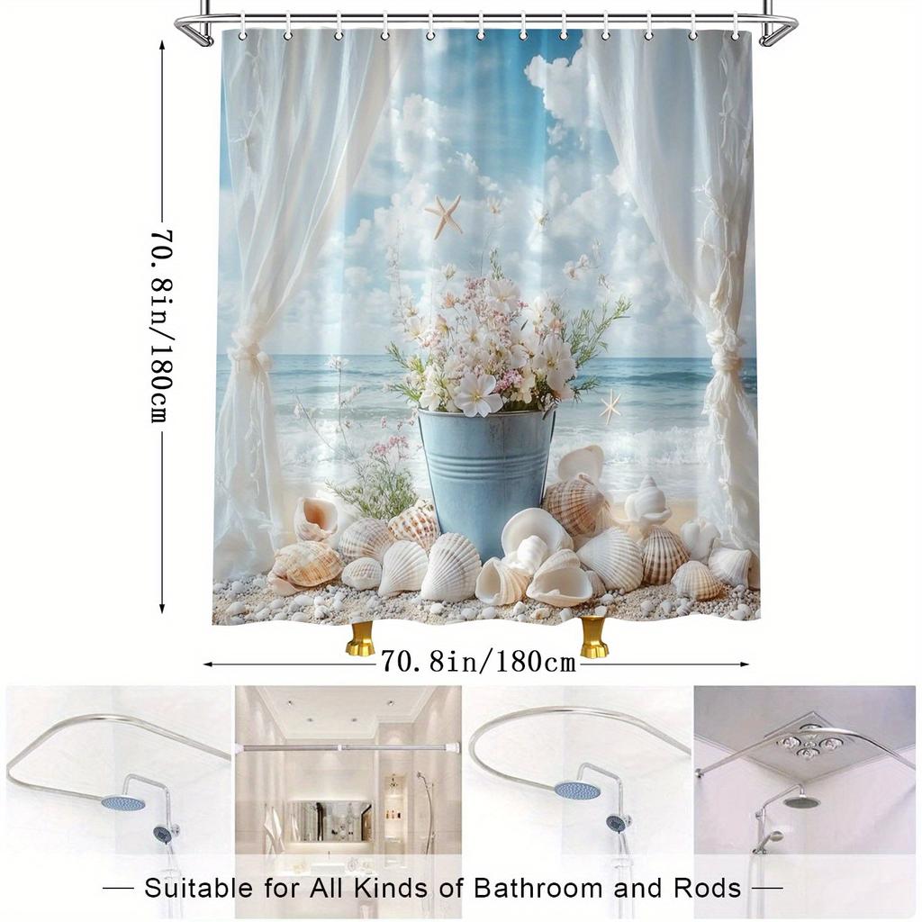 1pc Serene Beach Scene Shower Curtain - White & Pink Flowers, Metal Bucket, Seashells, Watercolor Style