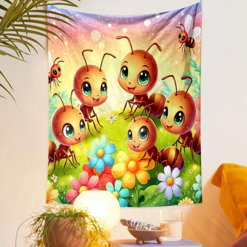 Cute Cartoon Ants in a Colorful Meadow Patterned tapestry home decor, suitable for bedroom and living room, gift