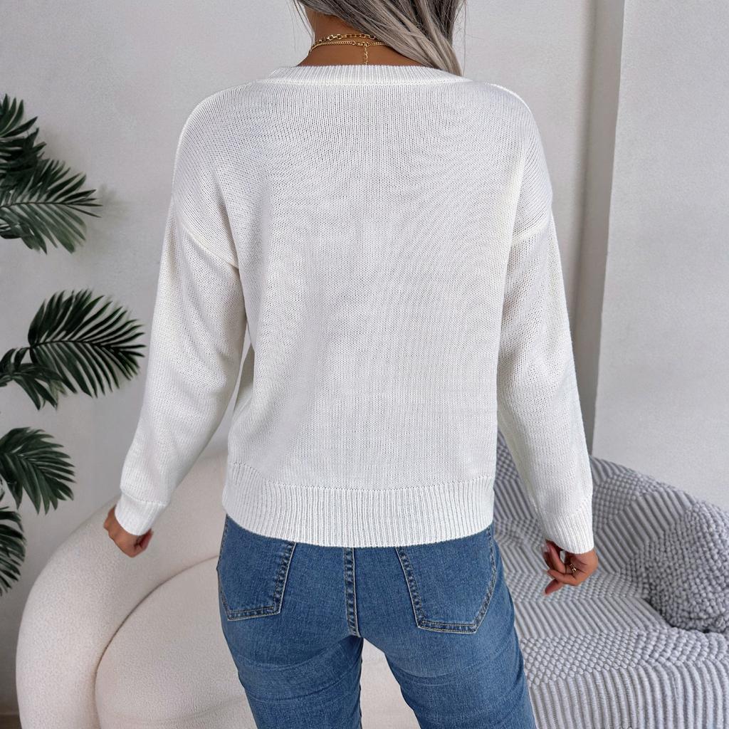 Women's Fashionable Round Neck Long Sleeved Heart-shaped Color Blocked Pullover Sweater Casual Top