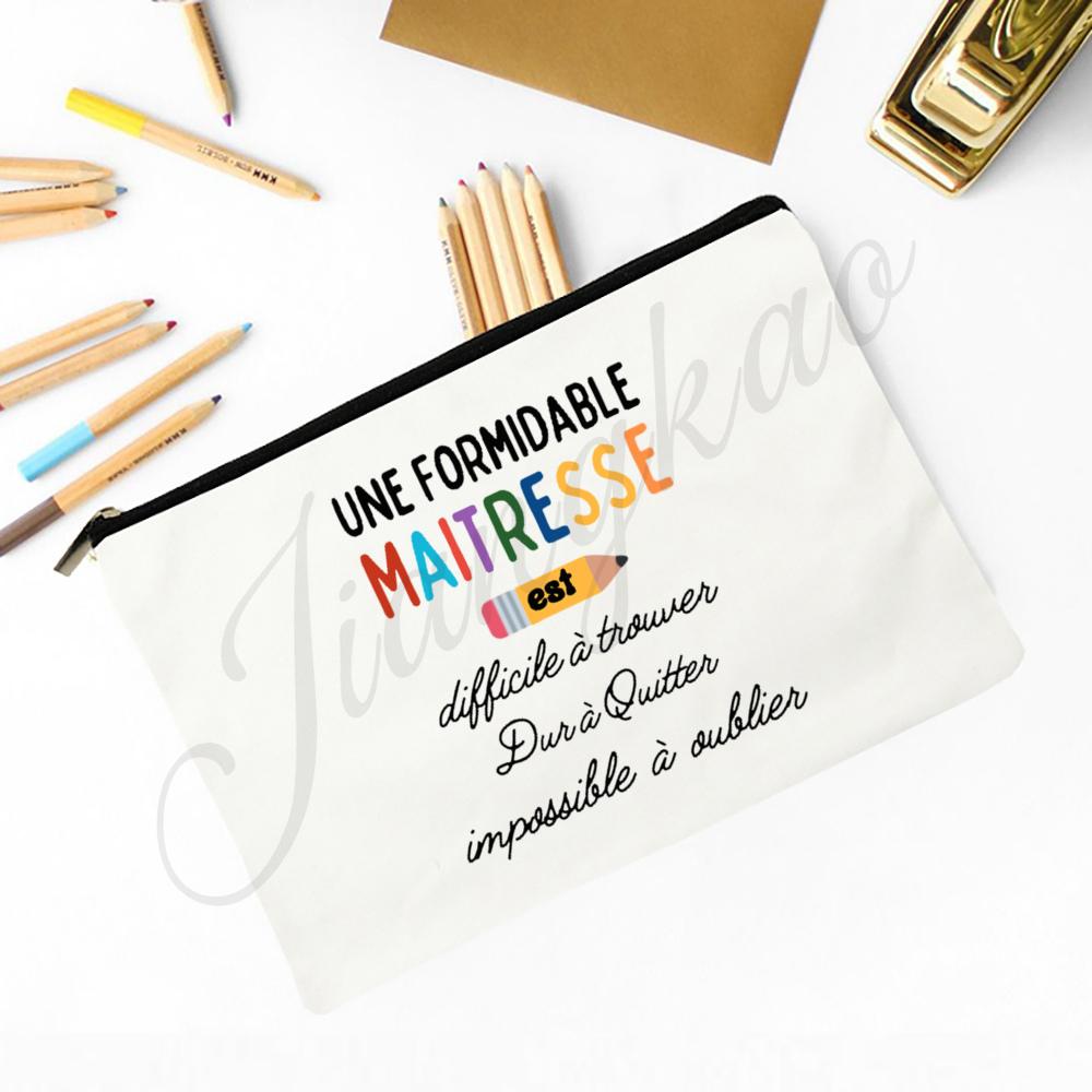 Merci Maitresse French Print Makeup Bag Travel Neceser Toiletry Storage Pouch School Pencil Bags Best Graduate Gift for Teacher