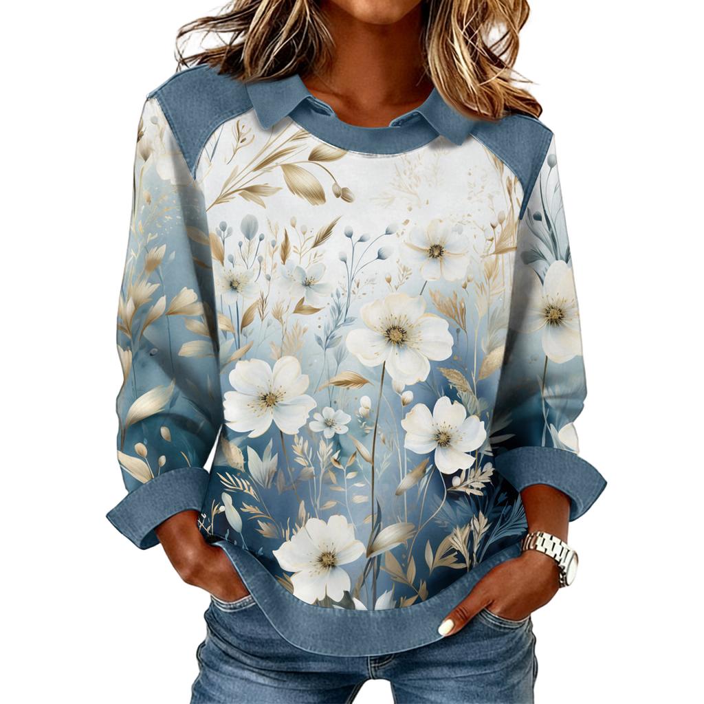 Women's Fashion Flared Long Sleeve Denim Patchwork Sweatshirt Print Casual Pullover Top