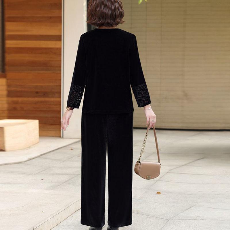 2pcs Pants Suit Autumn Women's Loose Plus-size Velvet Blouse High-waist Velvet Pants Two-piece Set
