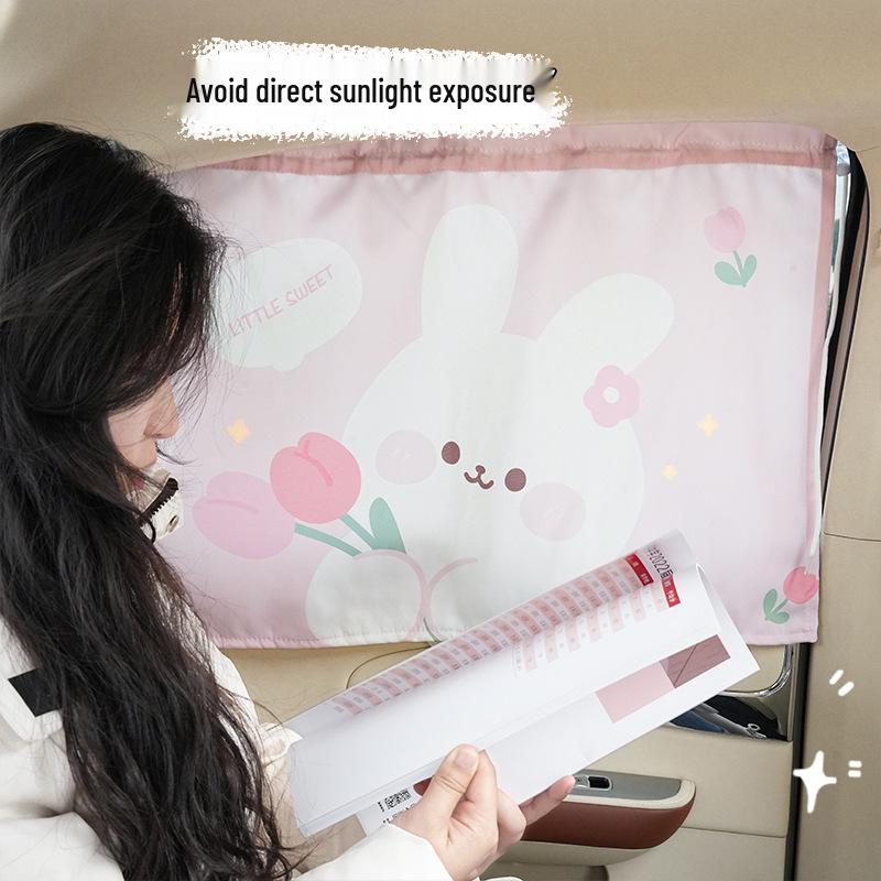 Cute Cartoon Car Sunshade Curtains - Suction Cup Style for Heat Insulation and UV Protection.