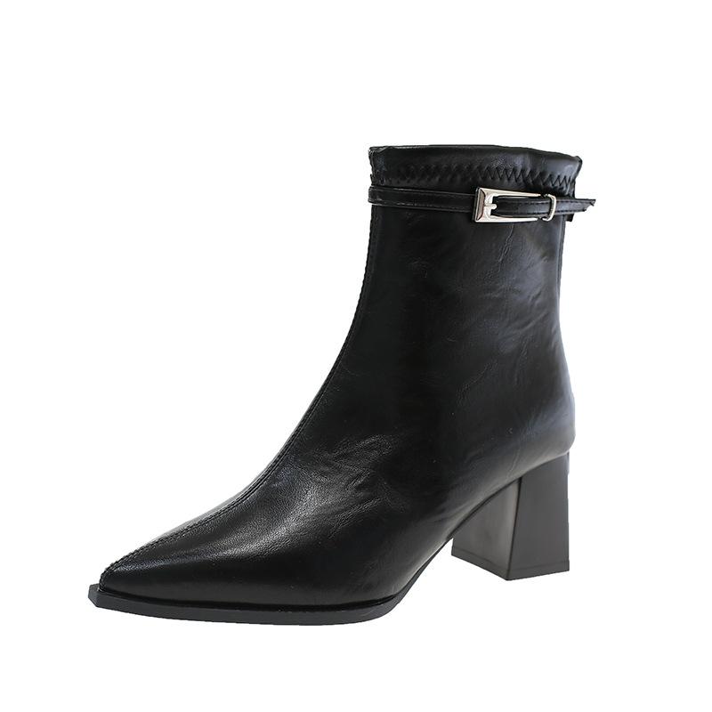 Französische Blockabsatz spitze Zehen hohe Absätze Mode kurze Stiefel Blockabsatz kleiner Mann erhöht Herbst und Winter neu lässig vielseitig dünne Stiefel