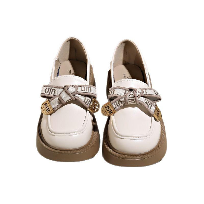 Flache Einzelne Schuhe Plateau Loafers Damen Herbst 2025 Neu Dicke Ferse Vielseitige Schleife Einschlupf Kleine Lederschuhe