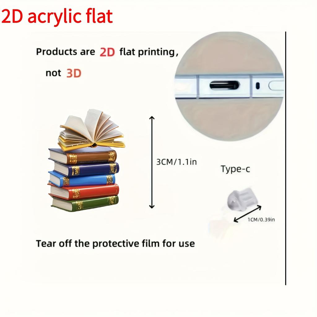 Wzór 2D Płaski 1 szt. Stos Książek - 2D Akrylowa Zatyczka Przeciwpyłowa do Telefonu - Pasuje do Złącz Type-C i do Złącz iPhone, Ochronna Osłona Przeciwpyłowa