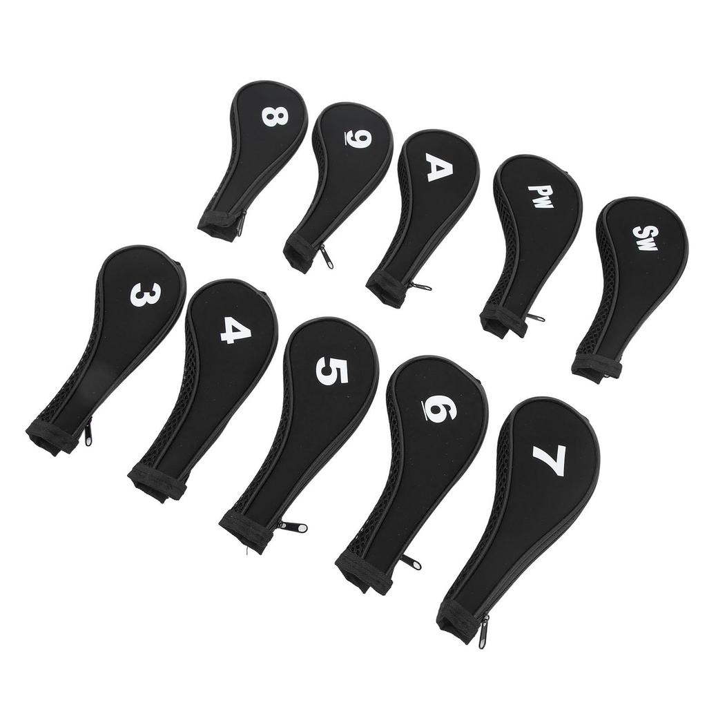 10 PCS Golf Club Head Covers Golf Iron Pole Zipper Hat Cover Club Protective Covers Black