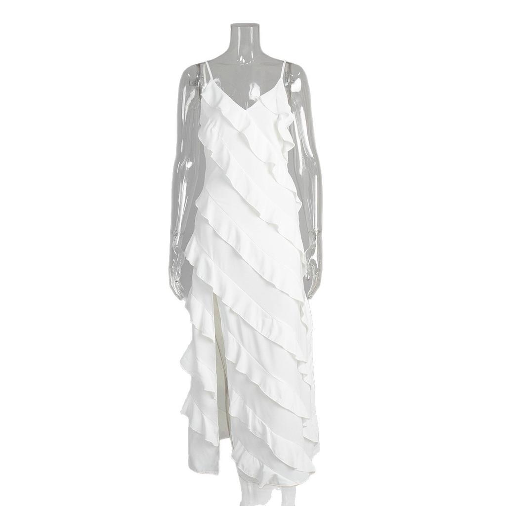 Splicing Ruffle Edge Suspender Long Dress European and American Summer New Sexy Split Slim Dress