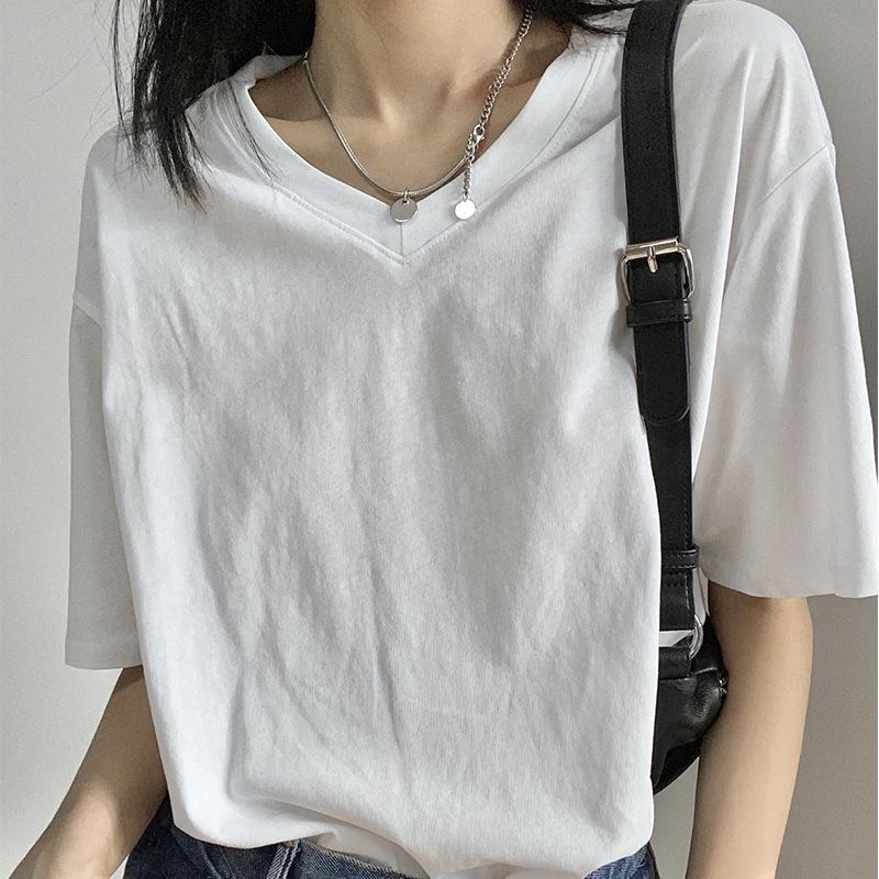 New Summer Pure Cotton V-neck White T-shirt Women's Short-sleeved Solid Color T-shirt Women's Straight Loose and Thin Top