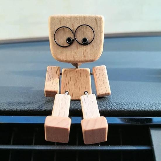 Yousheng 1 Set Shaking Wooden Man Figurine with 12 Expressions Handmade Shaking Feet Wooden Doll Car Dashboard Desktop Decoration