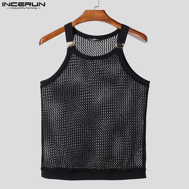 INCERUN Vară Bărbați Curea Fără Mâneci Decupat Plasă Transparentă Tricouri Tank de Plajă