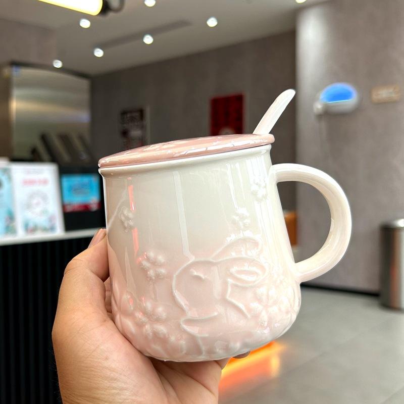 Rabbit Mug with Lid Spoon Cup for Men and Women Ceramic Drinking Water Cup Couple Cartoon High Value Large Capacity Coffee Cup