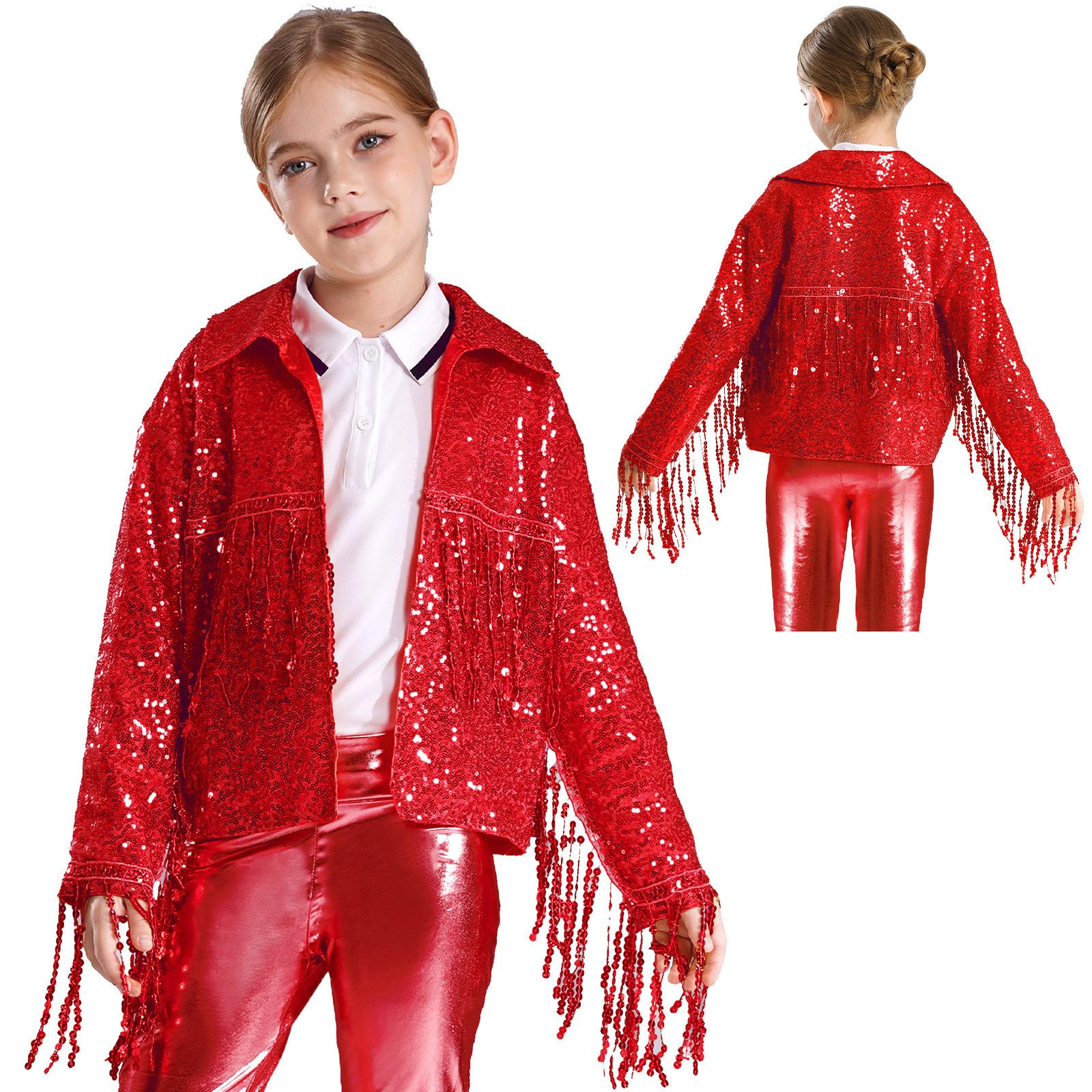 

Танцювальний костюм для дівчат, костюм для дискотеки, жакети з паєтками, декор з бахромою, джазовий вуличний танцювальний одяг, відкритий кардиган для одягненої рейв-вечірки 9-10 Years червоний