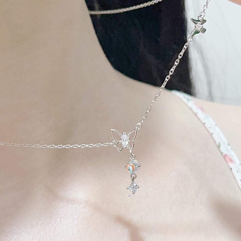 Glazed Butterfly Necklace, Women's Light Luxury Temperament, Small Fresh Fringed Zircon Pendant, Stainless Steel Collarbone Chain