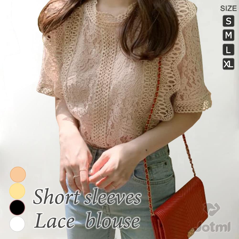 Lace short sleeve high elegant [Jotml] blouse, neck, women's top, spring, summer, feminine, (white, XL)
