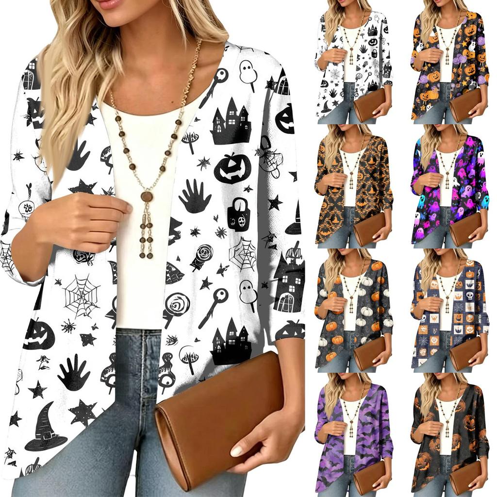 Cardigan décontracté léger ample à manches 3/4 imprimé pour femme pour Halloween