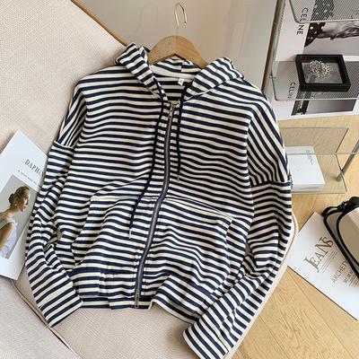 New Autumn and Winter Striped Hooded Sweatshirt for Women, Loose, Long, Lazy, Niche, Versatile Zipper Cardigan Top