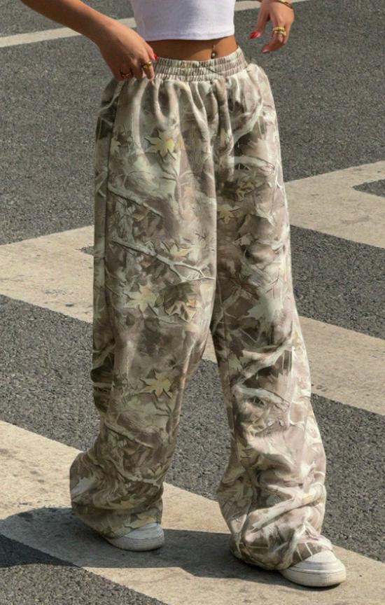 2025 Teen Fashion Camouflage Print Elastic Waist Wide-Leg Pants