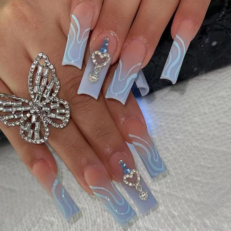 Ins Style Long Wear Armor Diamond Pendant Blue Gradual Change Line Fake Nail Patch Finished Nail Sticker Cross-border