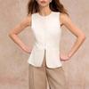 Women Crew Neck Sleeveless Waistcoat Vest Solid White Multi Button Slim Fit Office Blazer Top