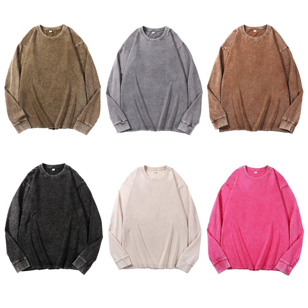 Unisex Retro Colorful Washed Long-Sleeve Pure Cotton Sweater with Ribbed Cuffs