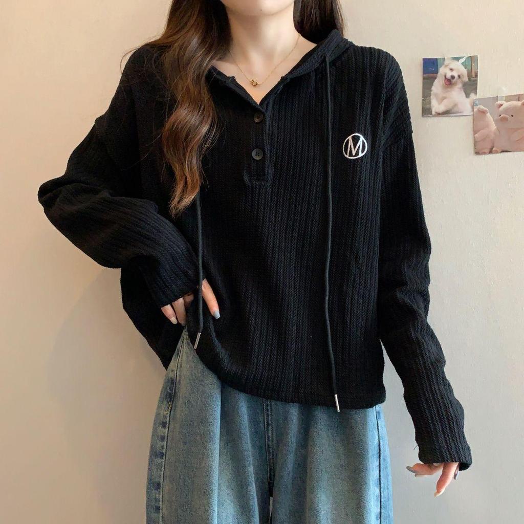 Women's Plus Size Hooded Long Sleeve Button T-Shirt - Loose Fit, New Korean Style for Spring/Autumn 2025