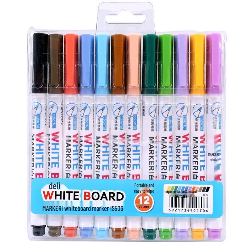 Deli S506 12-Color Erasable Whiteboard Marker Set