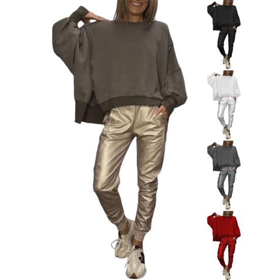 2 Pcs/Set Spring Sweatshirt Pants Suit Slit Hem Long Sleeves O Neck Top