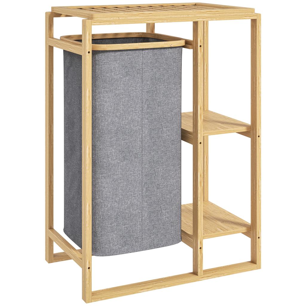 Laundry Basket with Removable Bag and Slatted Bamboo Shelves, 50x32x70 cm, Grey