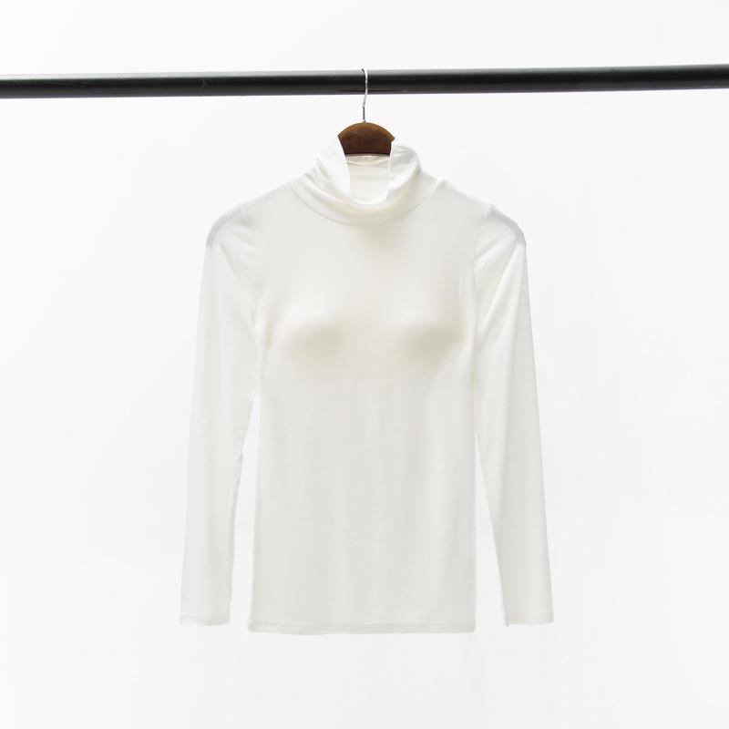 Damska wyściełana koszulka modalowa z wysokim dekoltem i długim rękawem z wbudowanym biustonoszem