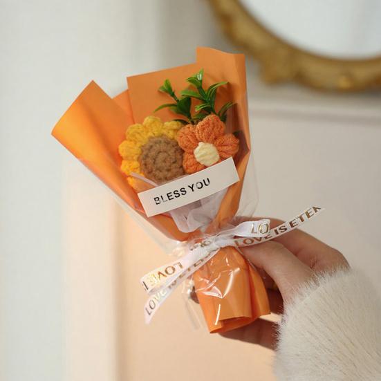 Crochet Flower Bouquet Handmade Knitted Mini Artificial Bouquet Fake Puff Flower Gift for Mother Wife On Birthday Anniversary