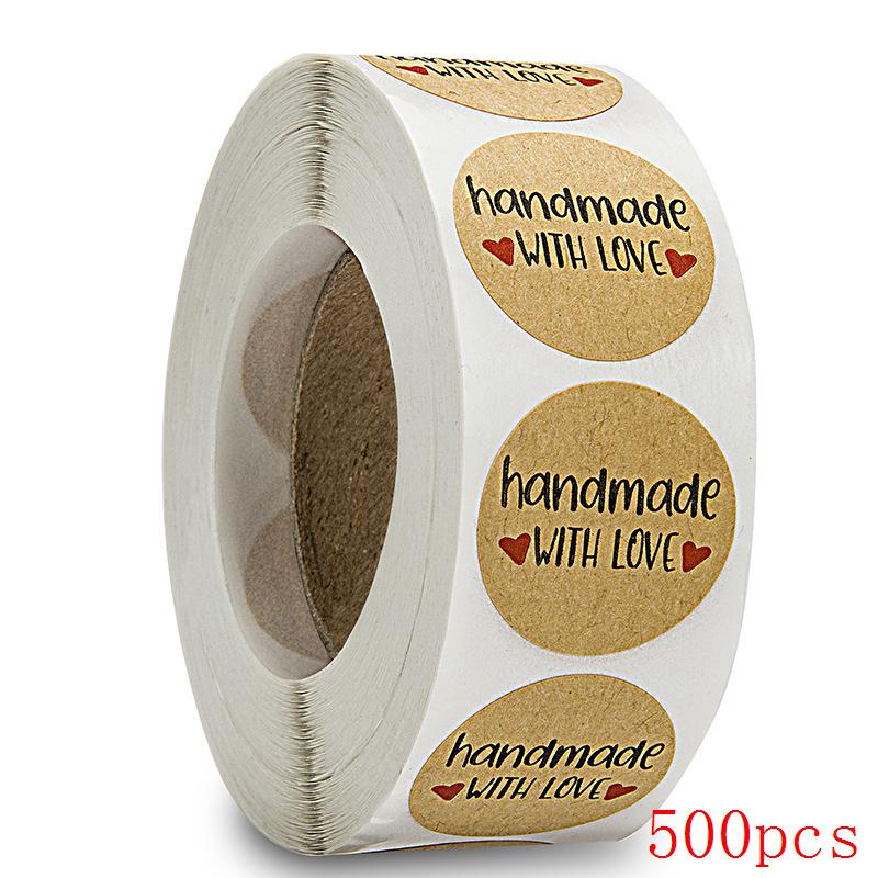 50-500Pcs Handmade With Love Kraft Paper Stickers 25Mm Round Adhesive Labels Baking Wedding Decoration Party Decoration Sticker