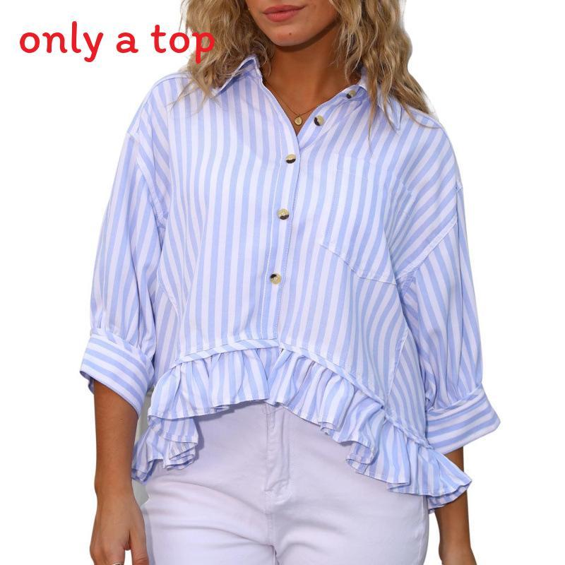 Womens Striped Blouse With Ruffle Hem And Print For Office Wear