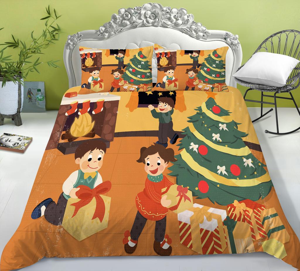 Christmas Quilt Cover Pillowcase Three-Piece Children'S Holiday Gift Cartoon Digital Printing Polyester