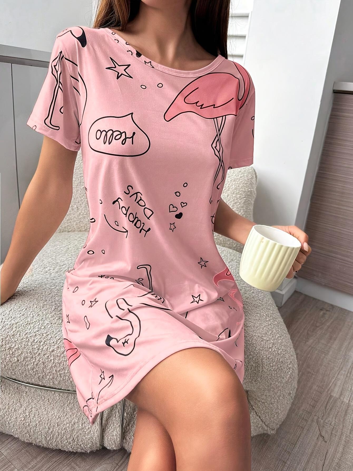 

Women S Casual And Comfortable Slim-Fit Flamingo Print Short-Sleeved Round Neck Nightdress. Comfortable Four-Season Nightdress 8XL дубильная кора
