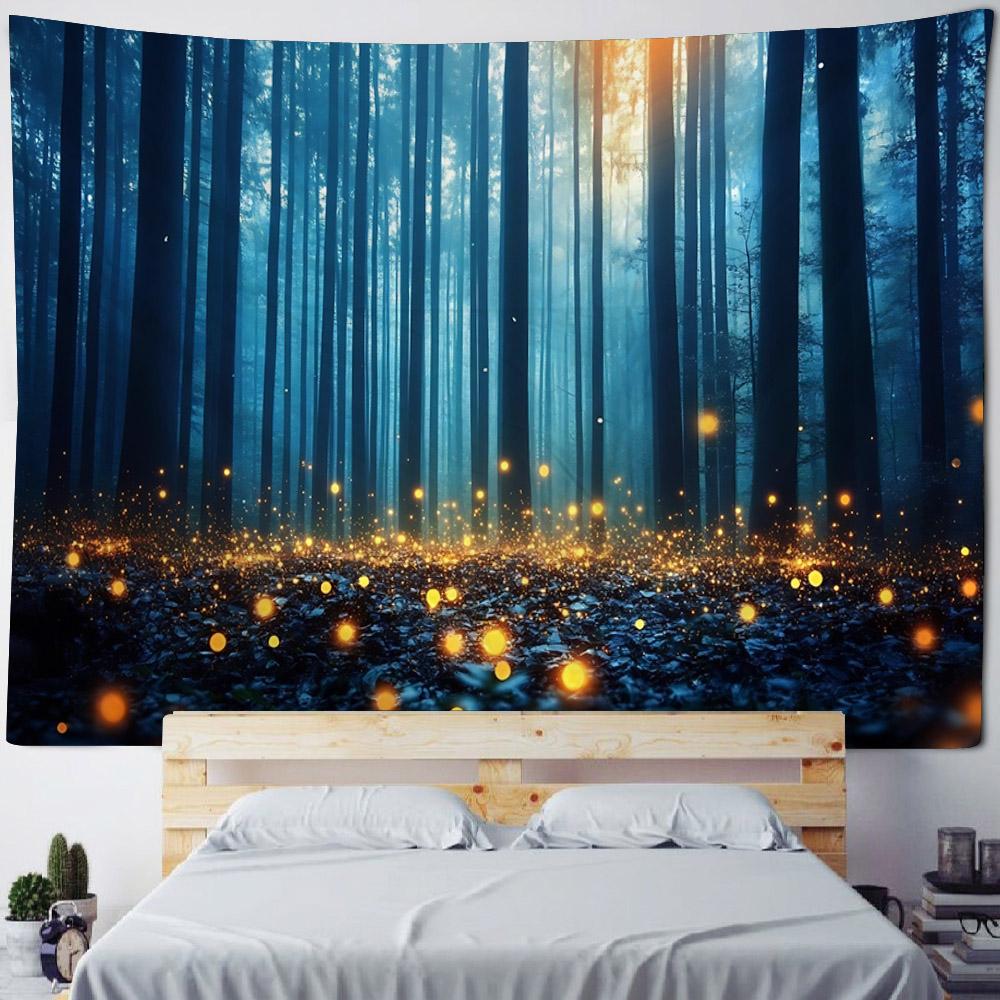 Forest Firefly Tapestry Dreamy Landscape Polyester Wall Hanging Fabric Aesthetic Home Decoration Living Room Background Poster