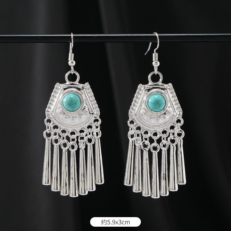 Retro Handmade Miao Silver Fringed Earrings Inlaid Turquoise Long Earrings Female Exotic Yunnan Dance Earrings