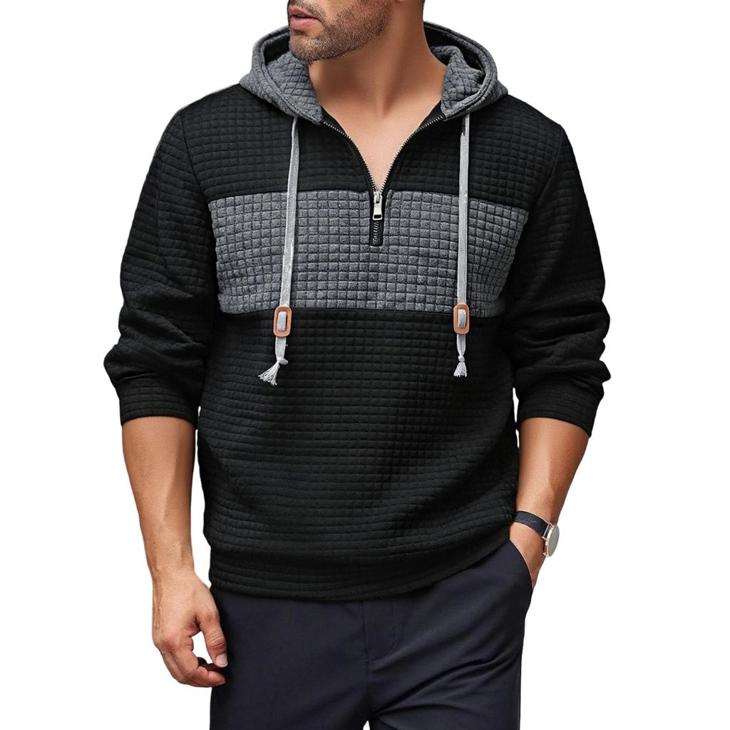 Men's Plaid Color Block Hoodie Long Sleeve Pullover Casual Athletic Sweatshirt