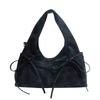 Cream Soft Shoulder Bag with Adjustable Drawstring Bows for Casual Daily or Trendy Urban Outings