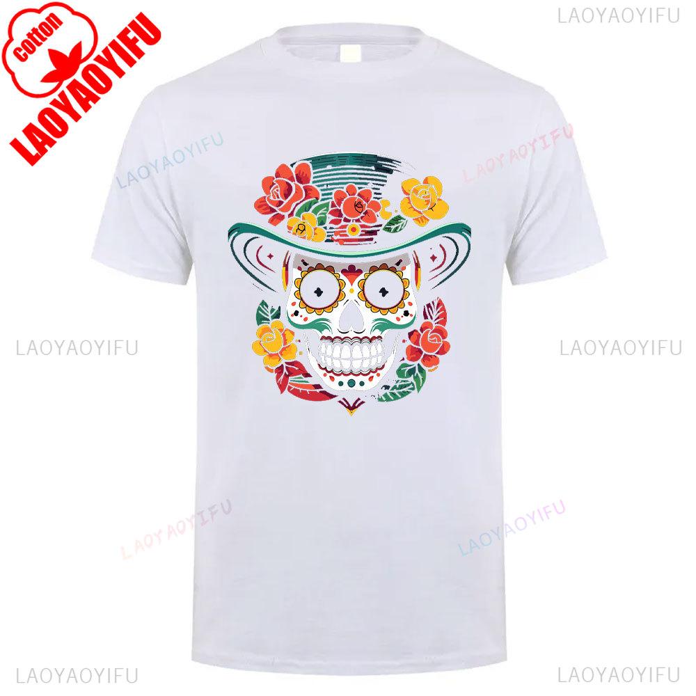 Mexican Skull Pattern Cotton Summer Tee Unisex Short Sleeve Round Neck Retro Style Graphic Shortsleeved Launched Casual Tshirt