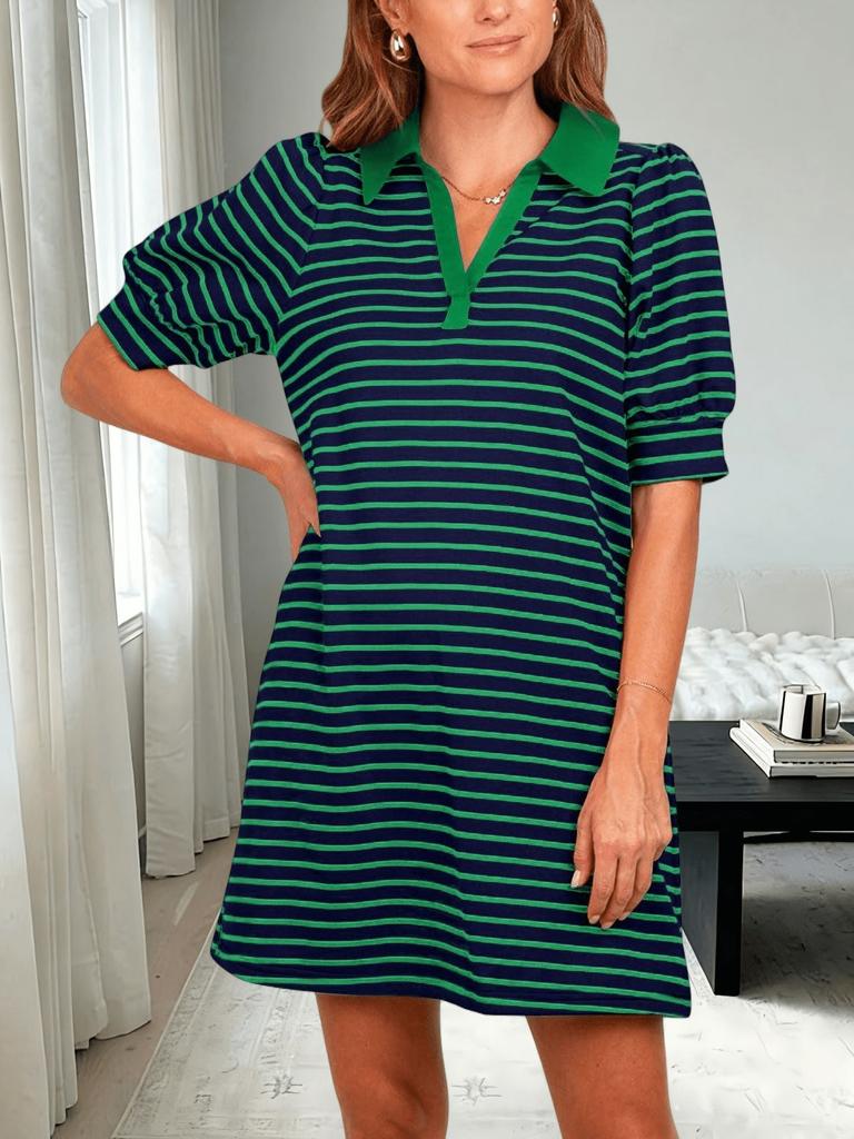 Womens Striped Polo T Shirt Dress V Neck Puff Sleeve Mini Dress with Pockets