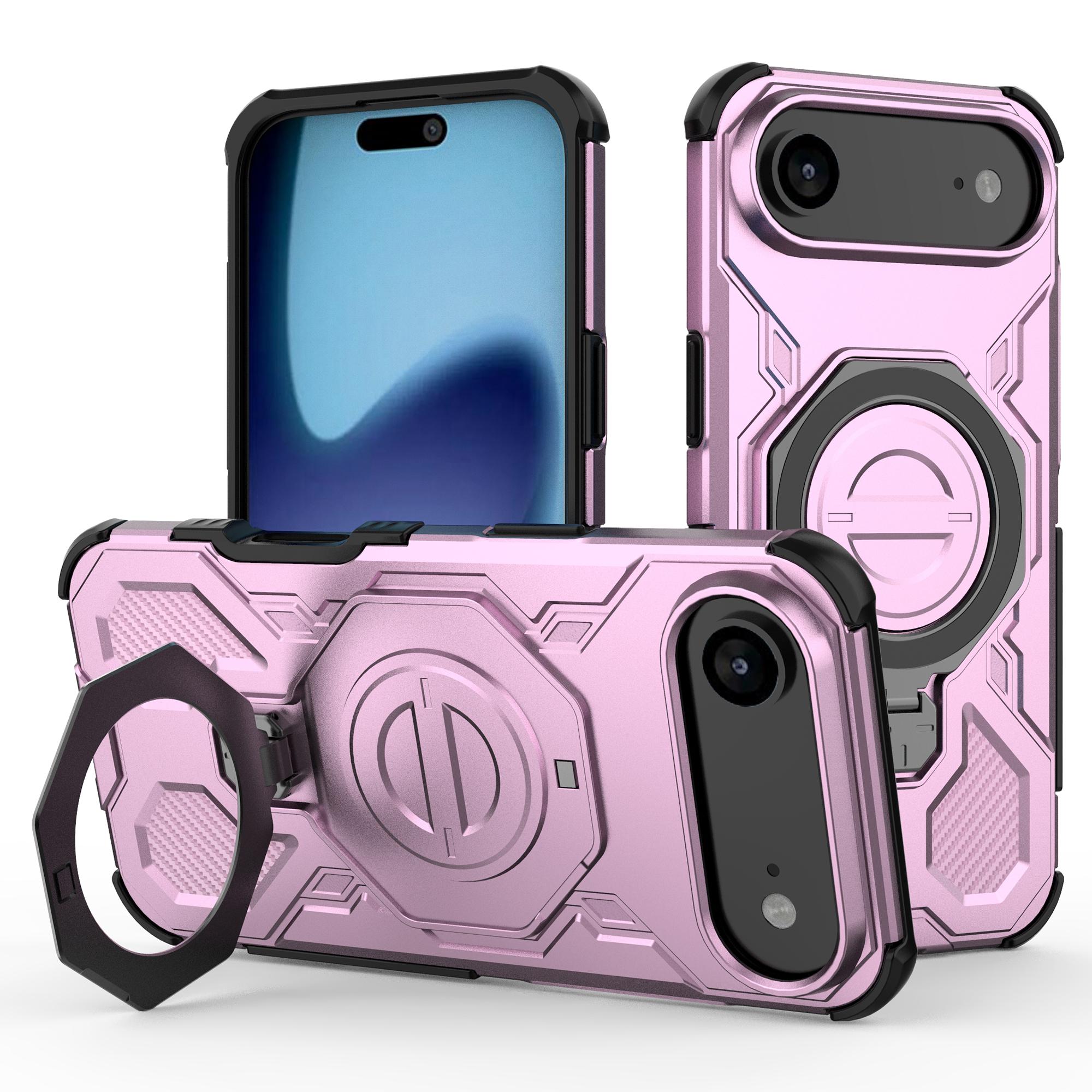 

For iPhone 17 Air Magnetic Case Rotating Metal Kickstand Shockproof PC+TPU Phone Back Cover Pink