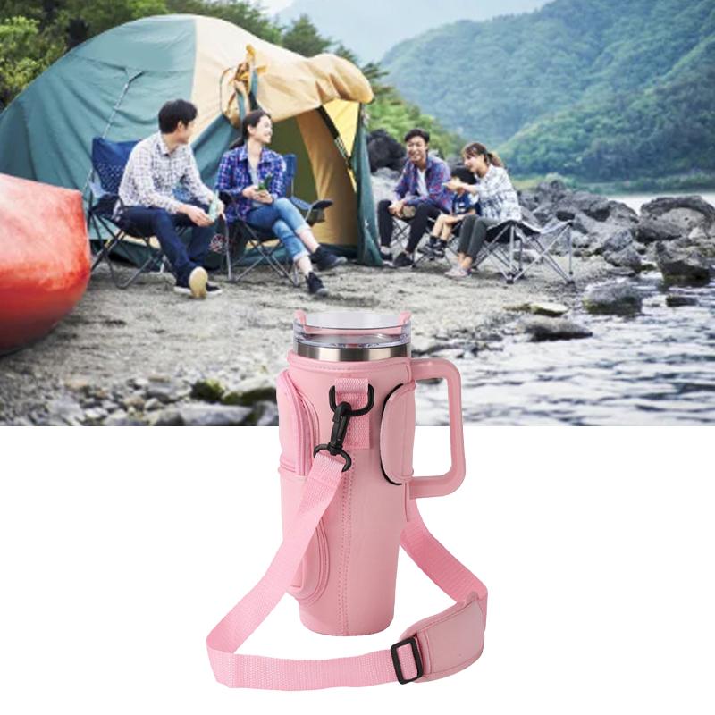 Water Bottle Bag Anti Slip Portable Double Layers Water Bottle Holder with Handle Fit for Stanley 40 Oz Insulated Tumblers Pink